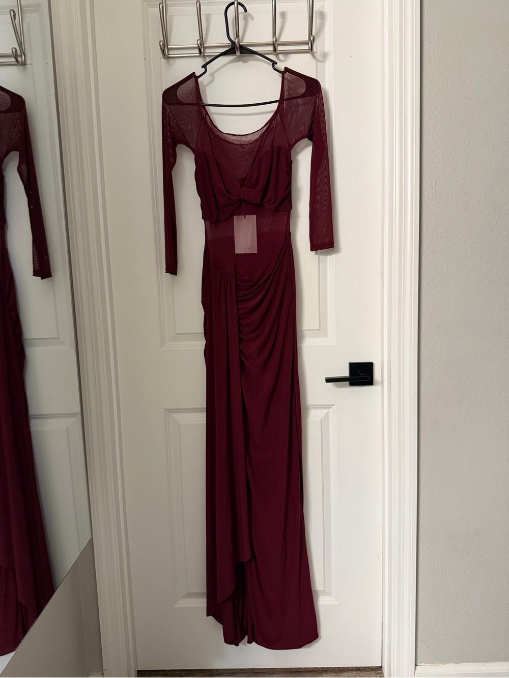 Club L London Burgundy Long Sleeve Ruched Mesh Gown